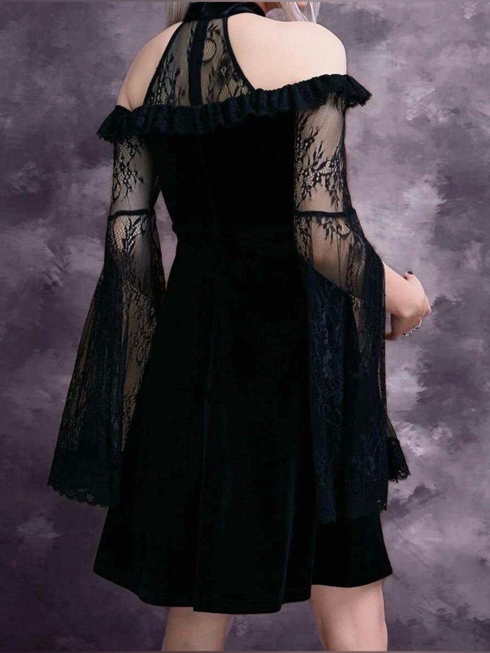 NWT Gothic Velvet and Lace Split Sleeve Cold Shoulder Mesh Dress Black Medium - Picture 4 of 11